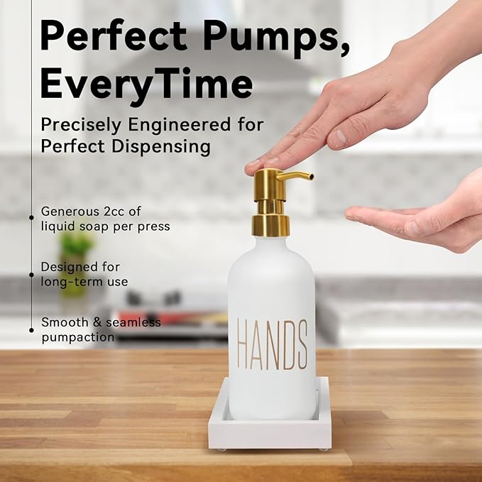 Soap Dispenser Set, Contains Hand Soap Dispenser and Dish Soap Dispenser for Kitchen， Glass Soap Dispenser with Stainless Steel Pump，for Luxury Gold Kitchen Counter Decor，（White）