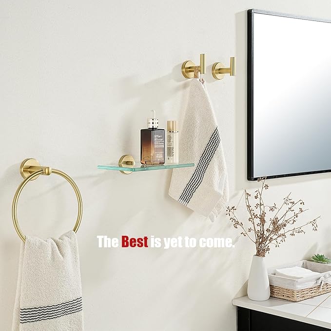 JQK Bathroom Glass Shelf Gold, Tempered Glass Shower Storage 8 by 5 inches, 304 Stainless Steel Brushed Gold Wall Mount, TGS101L8-BG