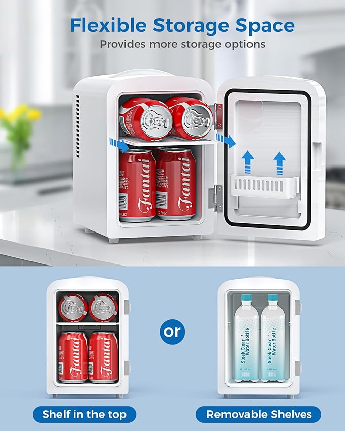 Electactic Mini Fridge, 4L/6 Cans Cooler & Warmer Portable Compact Refrigerator, Small Skincare Fridge for Makeup Food and Drinks, Small Cooler for Bedroom, Cosmetics, Car, Office, White