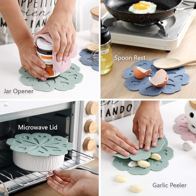 Set of 4 Silicone Trivet Mat - Table & Countertop Hot Pads - Non-Slip & Heat Resistant Modern Kitchen Pads for Pots & Pans, White
