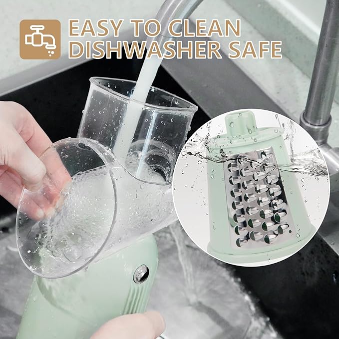 Rotary Cheese Grater with Handle Vegetable Shredder with 5 Interchangeable Blades, Kitchen Food Slicer and Chopper with Strong Suction Base for Fruit Vegetables Nuts with Blade Storage Box (Green)