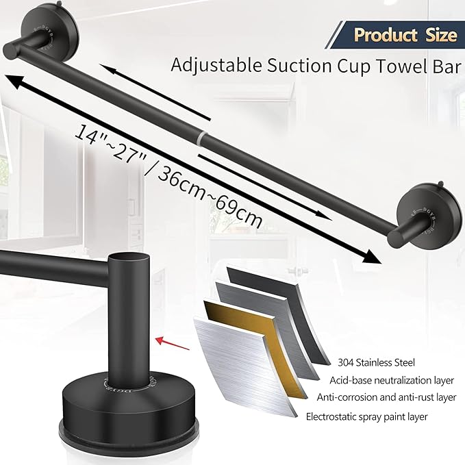 DGYB Adjustable Suction Cup Towel Bar for Bathroom 14 Inch ~ 27 Inch Matte Black Towel Rack Stainless Steel Bath Towel Holder for Glass Shower Door