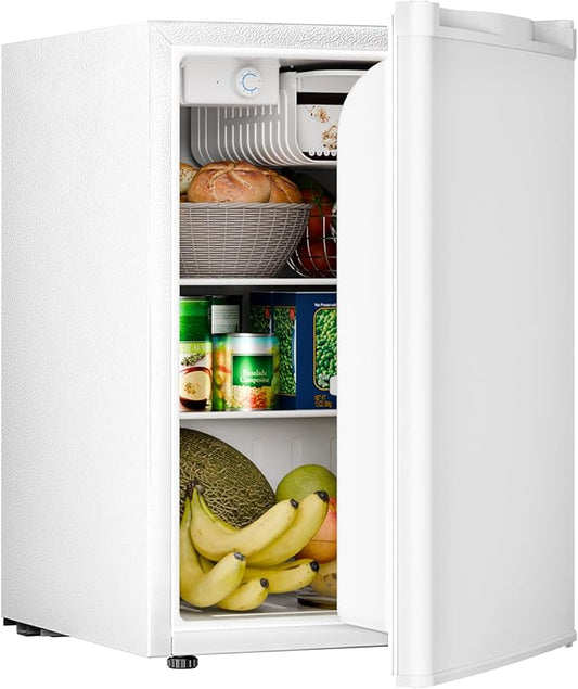 Antarctic Star 2.6 Cu.Ft.Compact Refrigerator with Freezer, Mini Fridge Single Door with Adjustable Thermostat,Removable Glass Shelves for Apartment,Dorm,Office,Kitchen，WHITE