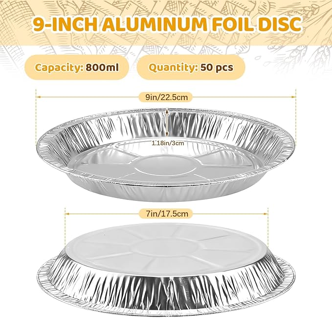 50 Pack 9 Inch Disposable Aluminum Foil Pie Pans - Curl Lip Design, Lightweight & Sturdy with Even Heat Distribution for Tarts & Pastry Crusts