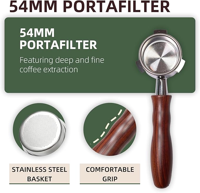 54mm Bottomless Portafilter for Breville Barista Express/Pro/Touch/Bambino18-21g Precision Basket, Stainless Steel 304 Filter Basket, Naked Portafilter for Espresso Extraction(Rosewood)