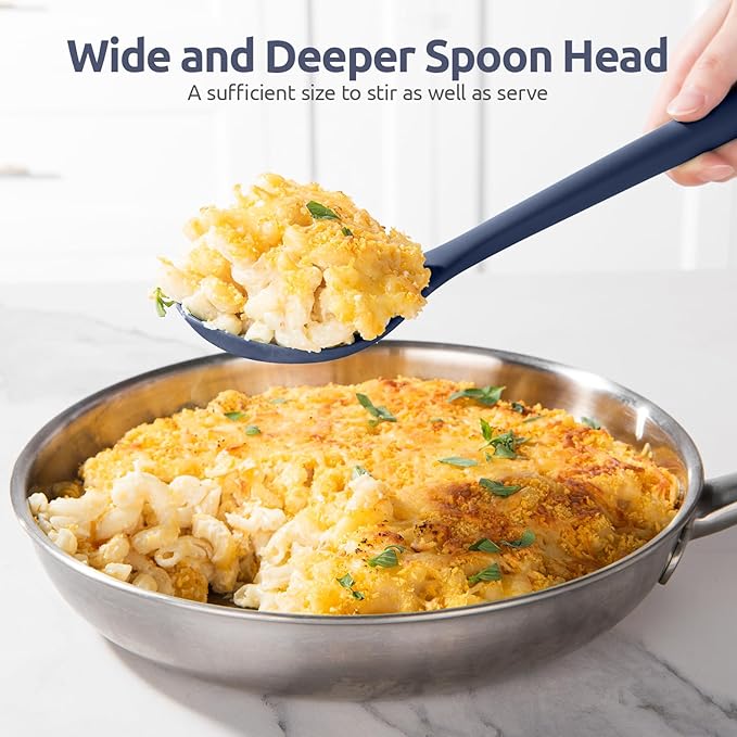 600ºF Heat Resistant Silicone Spoon: U-Taste 13.3in Solid Kitchen Cooking Spoon, Nonstick Food Grade Large Soup Rubber Utensil for Mixing, Serving, Stirring, Basting, for Pot Cookware (Midnight Blue)