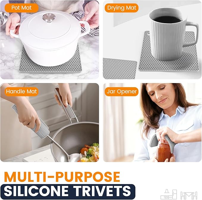 Silicone Trivet Mats 4 Heat Resistant Pot Holders Multipurpose Non-Slip Hot Pads for Kitchen Potholders, Drying mat, Jar Opener, Spoon Holder, Coaster.(Light Grey)