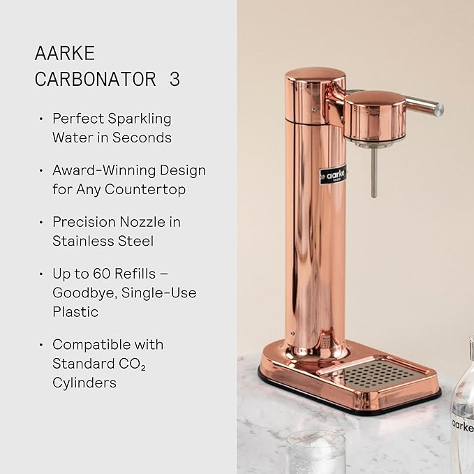 Aarke Carbonator lll with CO2 Cylinder, Sparkling & Carbonation Water Machine, Stainless Steel with PET BPA-Free Reusable Bottle Volume 1L/34 fl oz (Copper)
