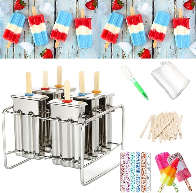 Set of 6 Stainless Steel Popsicle Molds Kit, Homemade Ice Treat Makerwith 50 Wooden Sticks and 6 Silicone Seals and 20 Pop Bags,Cleaning Brush（Square）