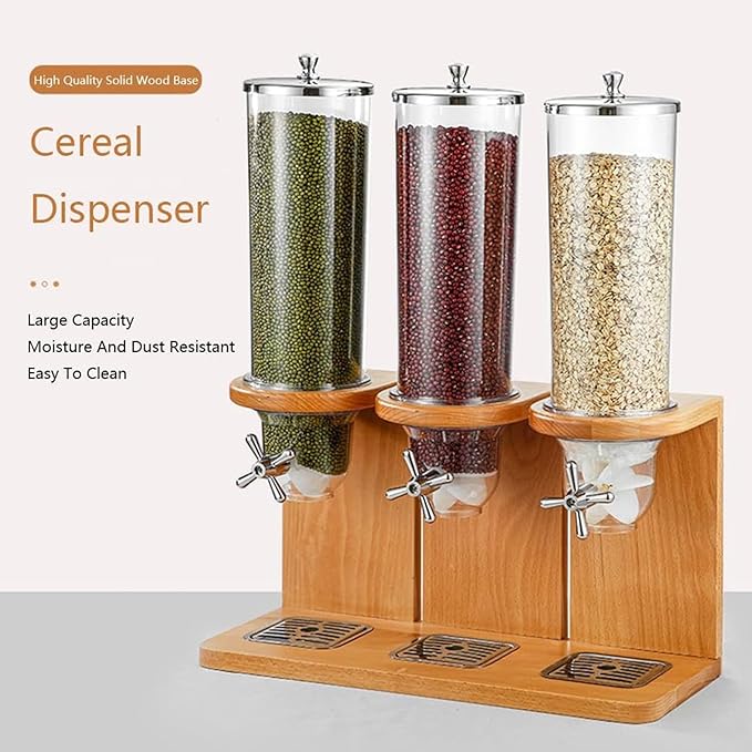 Easy Clean Cereal Dispenser Dry Food Dispenser Countertop Cereal Container Storage Dispenser with PC Bucket And Wooden Base,three barrel