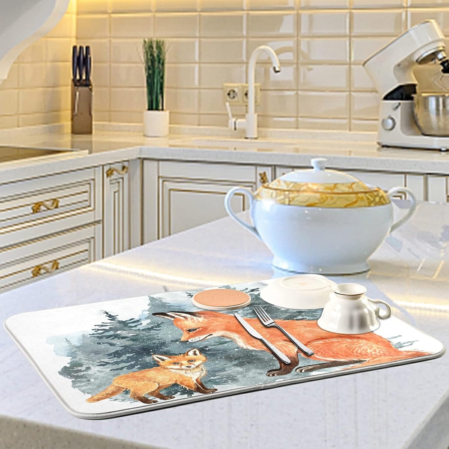 Super Absorbent Dish Drying Mat, Microfiber Fast-Drying Dish Mat, 16" x 18", Kitchen Dish Drying Pad, Watercolor Cute Fox Winter Christmas