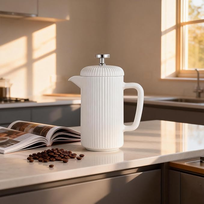 Easyworkz Porcelain French Press 34 fl oz, Coffee Tea Maker with Stainless Steel Plunger 1000 ml, Ivory