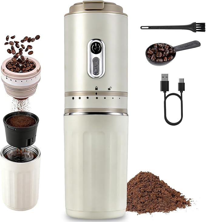 Portable Coffee Maker with Electric Grinder, Travel Coffee Maker, Portable Battery Pour Over Set, Rechargeable Cordless Coffee Mini Maker with Insulated Mug for Travel, Camping, Car