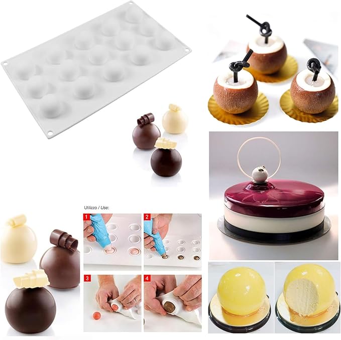 RoseFlower 2pcs Truffle Sphere Silicone Mold, 15-Cavity Silicone Mini Cake Ball Mold, 3D Silicone Baking Mold for Cake Decoration Dessert Mousse Pastry Chocolate Jelly Ice Cream, Round Ball Shape