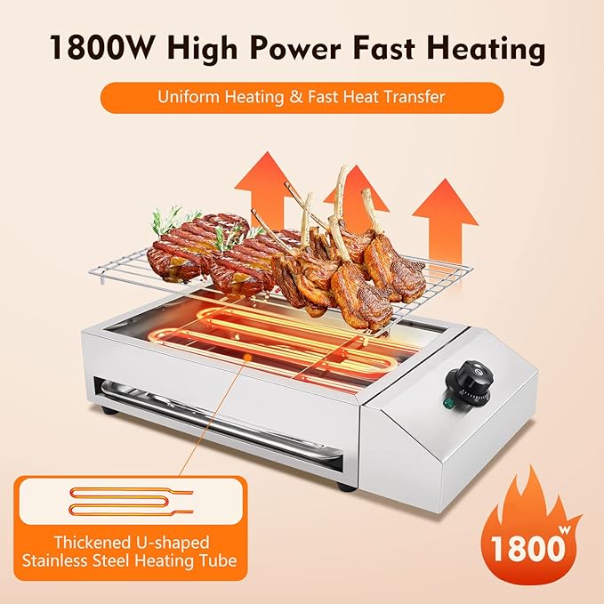1800W Countertop Electric Griddle Flat Top Grill - Portable Barbecue, Smokeless Indoor, Non-Stick Cooking, Removable Plate BBQ With Temperature Control 110V