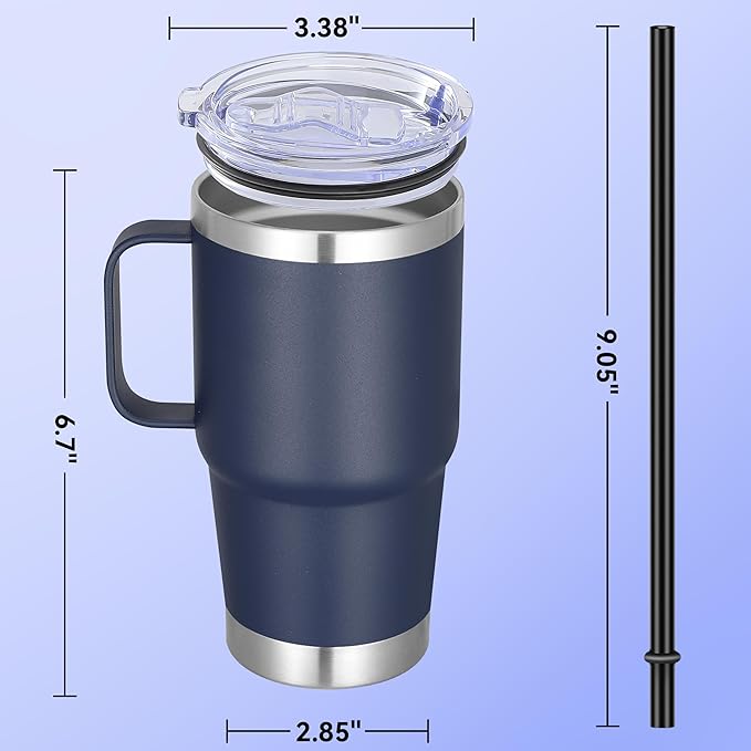 20 oz Stainless Steel Tumbler with Handle Metal Insulated Coffee Travel Mug with Handle Double Wall Tumbler Cup with Lid and Straw, Navy 1 Pack