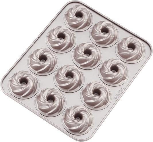 CHEFMADE Tube Cake Pan, 12-Cavity Non-Stick Cyclone Doughnut Bakeware for Oven Baking (Champagne Gold)