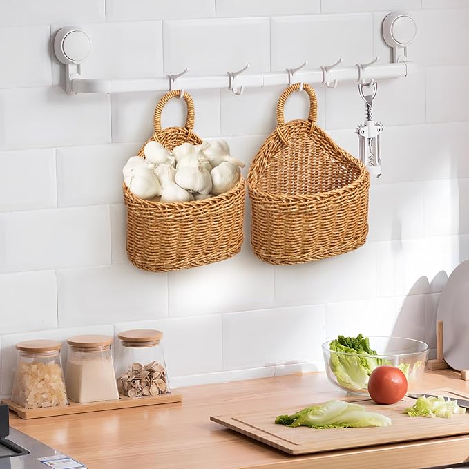 Cabilock Woven Hanging Storage Basket for Kitchen 9.64X7.48X3.93In Rustic Wall Organizer for Garlic Ginger with Large Capacity