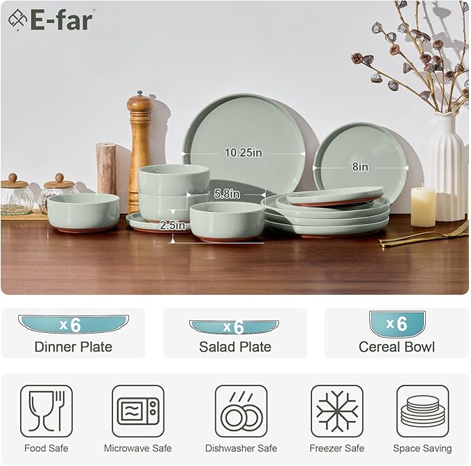 E-far 18-Piece Stoneware Dinnerware Sets, Plates and Bowls Sets for 6, Ceramic Dishware Dishes Set with Terracotta Base, Chip & Scratch Resistant, Microwave & Dishwasher Safe, Speckled Green