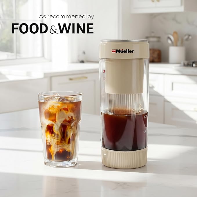 Mueller RapidBrew Cold Brew Coffee Maker – 10 Min Fast Brew Portable Rechargeable Cold Brew Pitcher Machine for Coffee & Tea – Adjustable Strength 10-99 Min – 20 Servings Per Charge, Cappuccino Beige