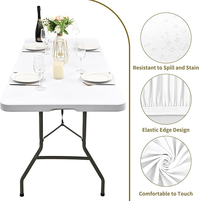 10 Pack Stretch Fabric Table Top Cap Cover, fits 6' Tables, Spandex Table Covers Washable Elastic Rectangle Tablecloth Protector for Indoor Outdoor Party Picnic Wedding, White, 30" W x 72" L