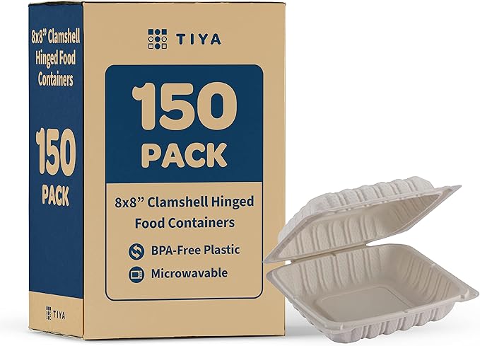 TIYA Clamshell Food Containers - White Bulk 150 Pack, 8x8 in - BPA-Free Plastic To-Go Containers - Microwavable, Hinged, Tall Reusable Clamshells - Great for Meal Prep