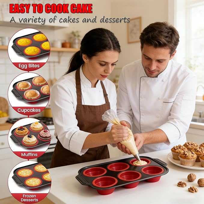 Silicone Muffin Pan, 6 Cups Muffin Pans for Baking with Metal Frame, Cupcake Pan, Egg Bite Molds, Muffin Tin Tray Easy to Pop Nonstick Non Toxic Bakeware for Oven