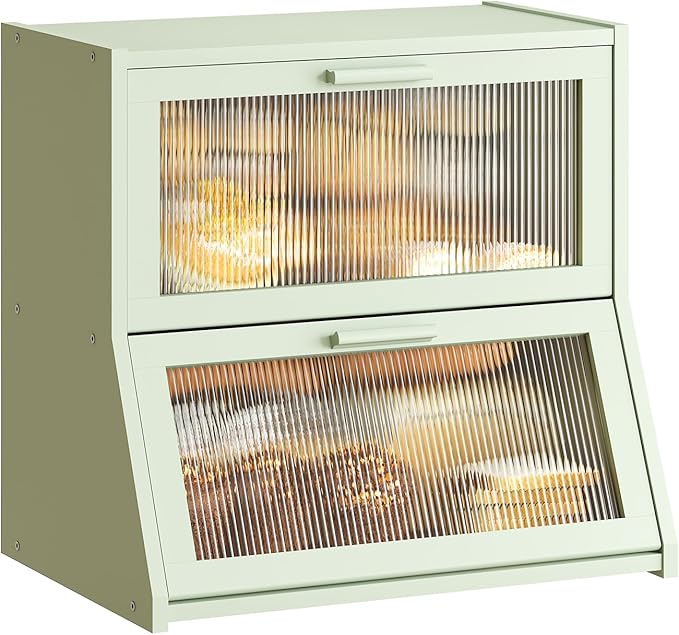 GHWIE Double Layer Bamboo Bread Box for Kitchen Counter,Large Capacity Bread Storage Bin,Bread Container with Acrylic Wavy Door Panel (Light Green, Extra Large)