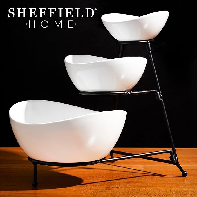 Sheffield Home 3 Tier Stoneware Large Serving Bowls Set with Metal Stand - Microwave & Dishwasher Safe Fruit Bowl & Chip and Dip Servings Set - Serving Dishes for Party, Kitchen & Side Dishes (White)