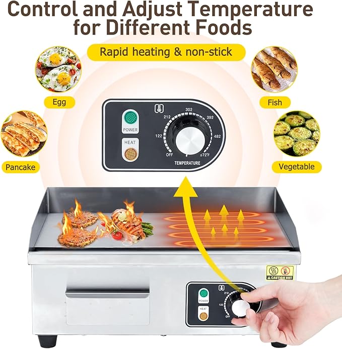 18" 1500W Commercial-Grade Stainless Steel Electric Griddle – Adjustable Temp 122-572°F, Half Flat Top Grill with 2 Shovels & Brushes, Plug Included for Indoor/Outdoor Cooking