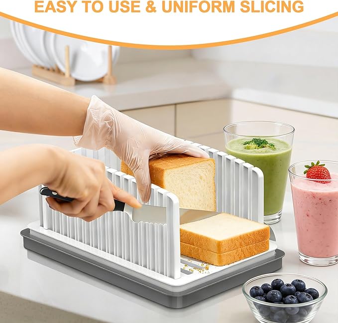 Kiss Core New Upgrade Bread Slicer for Homemade Bread, Bread Slicing Guide Adjustable Width, Foldable and Compact Cutting Guide with Crumb Tray, Suitability for Homemade Bread, Bagels, Cakes