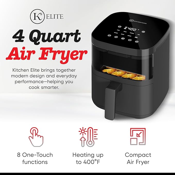 Kitchen Elite Digital Air Fryer Oven with Viewing Window and 8 Presets, 4 Quart, Touchscreen Cooker, Precise Temp Control, Elegant Gray