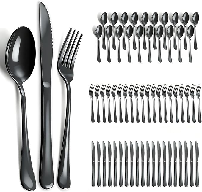 60 Piece Black Silverware Set - Service for 20, Stainless Steel Flatware Cutlery Set Include Knives Spoons Forks, Black Bulk Silverware for Wedding, Restaurant, Home, Dishwasher Safe