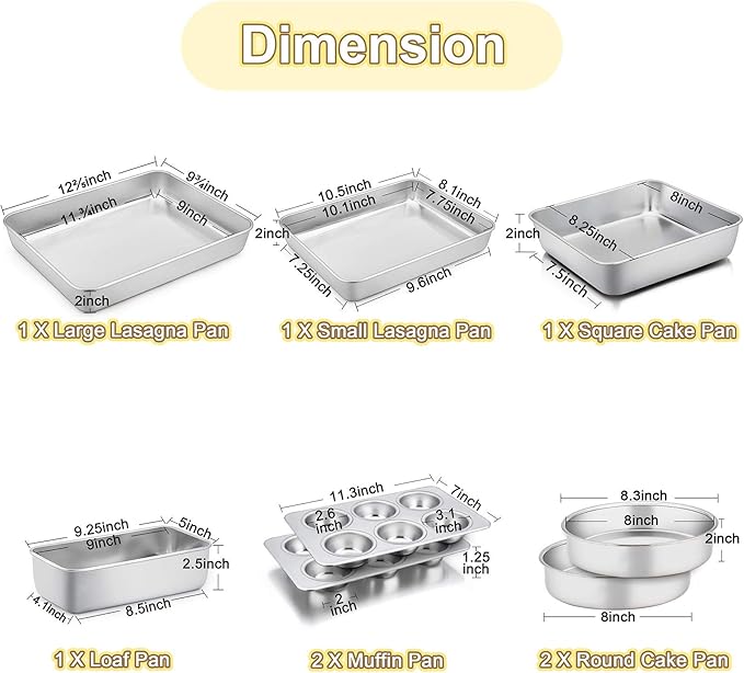TeamFar Stainless Steel Bakeware Set of 8, Baking Roasting Toaster Oven Pans, Lasagna/Square/Round Cake Pan, Loaf Pan & Muffin Pan, Non-Toxic & Sturdy, Smooth & Dishwasher Safe