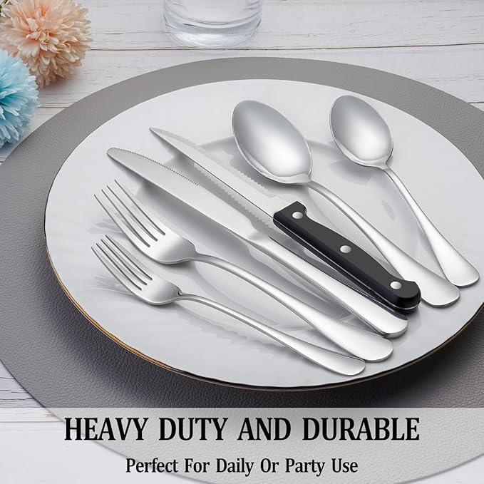 24 Pcs Silverware Set with Steak Knives Service for 4,Stainless Steel Flatware Set,Mirror Polished Cutlery Utensil Sets,Home Kitchen Eating Tableware,Include Fork Knife Spoon,Dishwasher Safe