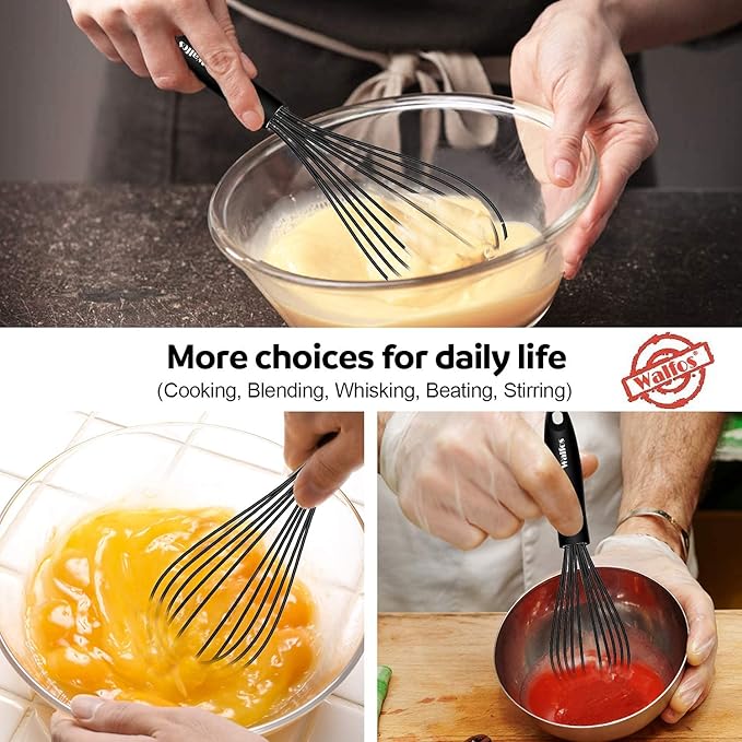 Walfos Silicone Whisk,11 Inch Silicone Whisks for Cooking Non Scratch,BPA Free Kitchen Whisk Heat Resistant (480°F) Perfect for Blending,Whisking,Beating,Mixing.Dishwasher Safe (Black）