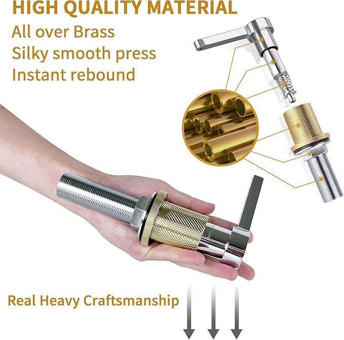 SD-80 All Brass Sink Soap Dispenser for Kitchen Sink Copper Pump Built in Dish Soap Dispenser with 17.6 oz(520ml) Bottle and 59"(1.5m) Extension Tube Kit (Chrome)