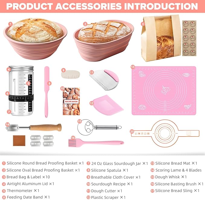 RYTOXILO Sourdough Starter Kit, 15 Pcs Sour Dough Bread Baking Supplies for Beginners with 24 Oz Glass Starter Jar, Complete Bread Making Set with Silicone Banneton Proofing Basket, Baking Accessory