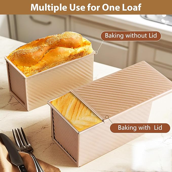 Amagabeli Pullman Loaf Pan with Lid Nonstick Bakeware 9”x4” Carbon Steel Corrugated 1 lb Bread Toast Box Mold for Cooking Oven Baking Roasting Toaster Bake Mold Homemade Cakes Baking Golden