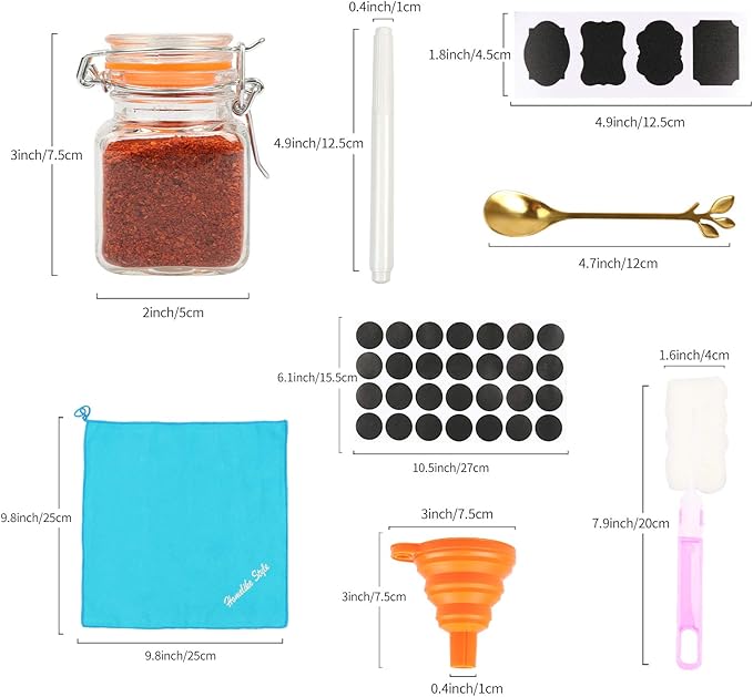 3.4 oz Small Glass Spice Jars with Lables, 24 Pack Empty Mini Square Spice Bottles with Airtight Flip Top Lids, Chalkboard Labels and Collapsible Funnel for Home and Kitchen