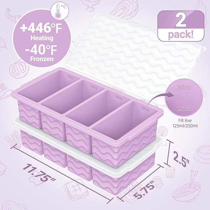Doasuwish Silicone Freezer Tray for Soup with Lid – 1-Cup Soup Container Cube Style Ice Cube Trays for Freezer, Meal Prep & Food Storage, Freeze 250mL/125mL Portions – 2 Pack