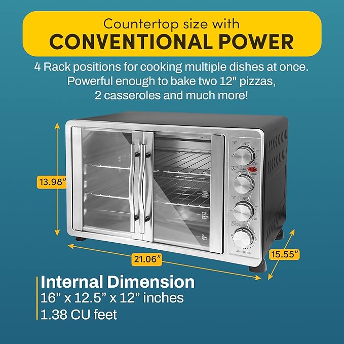 Elite Gourmet ETO4510MX French Door 47.5Qt, 18-Slice Convection Oven 4-Control Knobs, Bake Broil Toast Rotisserie Keep Warm, Includes 2 x 14" Pizza Racks, Stainless Steel