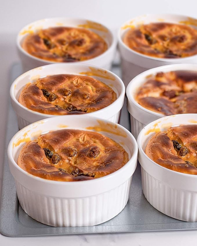 DELLING Ramekins 12 Oz Oven Safe Set of 6, Porcelain Souffle Dish for Baking - Creme Brulee Bowls for French Onion Soup Lava Cake Pudding, Stackable, White