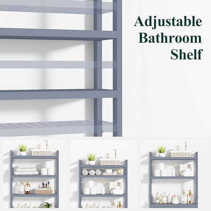 Smiry Over The Toilet Storage Cabinet, 4-Tier Bamboo Bathroom Organizers with Adjustable Shelf & 4 Hooks, Space Saving Shelf Rack for Bathrooms, Laundry Room, Balcony, Grey