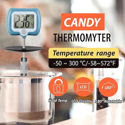 Digital Candy Thermometer with Adjustable Display, 304 Stainless Steel Probe, -58°F~572°F, Blue Body, Includes 2 Pot Clips & Heat-Insulating Pad for Sugar Syrup, Jam, Chocolate, Frying Oil