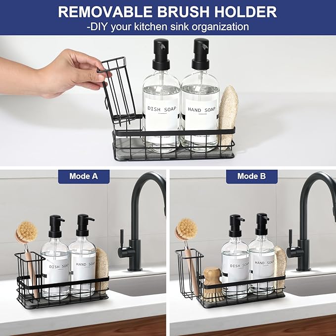 Dish Soap Dispenser for Kitchen, 16.9 fl oz Clear Hand and Dish Soap Dispensers, Kitchen Soap Dispenser Set with Sponge Holder, Brush Holder and Loofah Sponge, Countertop Sink Organizer Accessories