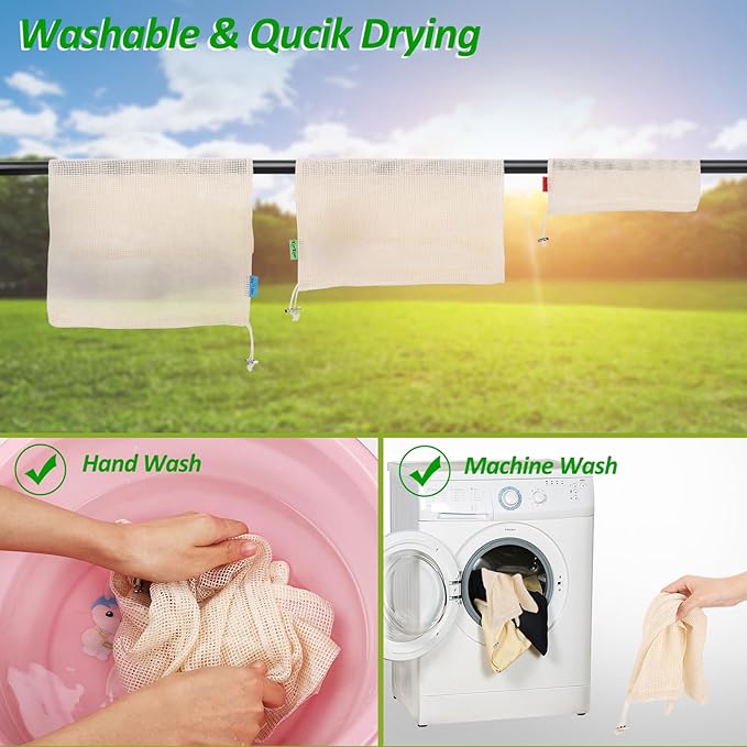 Reusable-Cotton-Mesh-Produce-shopping-Bags-Washable Eco Friendly Premium See Through Lightweight Net zero Bulk Bags for Veggie Fruit Vegetable Grocery Storage (9 Packs)