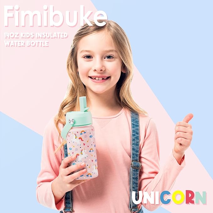 Fimibuke Kids Insulated Water Bottle, 14oz BPA FREE Double Wall Vacuum Tumbler 18/8 Stainless Steel Leak Proof Kids Cups with Straw Metal Bottle for School Boy Girl (2 Pack, UNICORN/WHITE DINOSAUR)