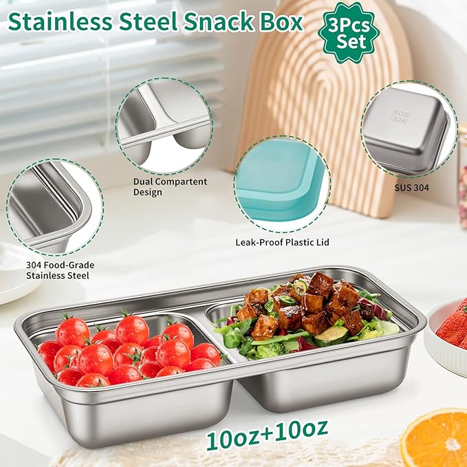 3 Pack Leakproof Stainless Steel Snack Containers with Secure Sealed Lids, Reusable 2 Compartment Bento Boxes for Lunch Prep, Travel, School & Office Stainless Steel Lunch Box