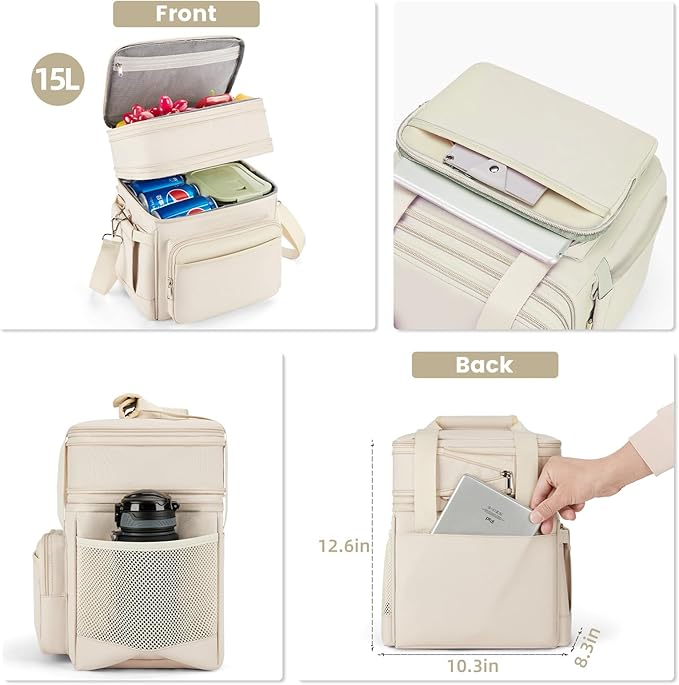 holuxer Insulated Lunch Bag & Lunch Box for Women - Double Deck Reusable Lunch Bag for men Tote Cooler Bag Leakproof Soft Expandable - Large Lunchbox for Work/Adult/Picnic/Outdoor (Cream，15L)